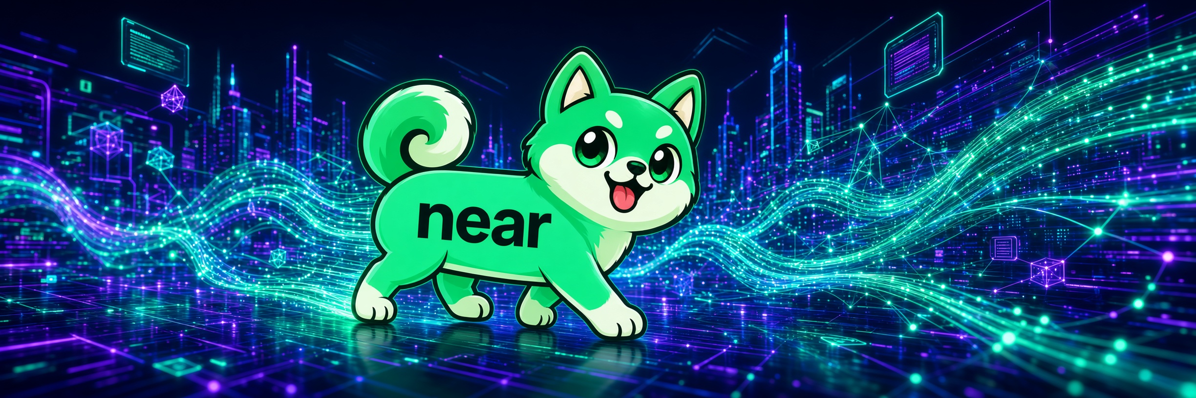 NEARDOG sprinting through a neon Solana skyline
